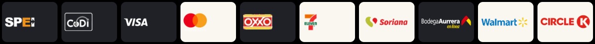 Captura de pantalla original de Apuesta Viva de los logotipos de métodos de pago aceptados en BetBoom: SPEI, CoDi, Visa, Mastercard, Oxxo, 7-Eleven, Soriana, Bodega Aurrera, Walmart y CIR