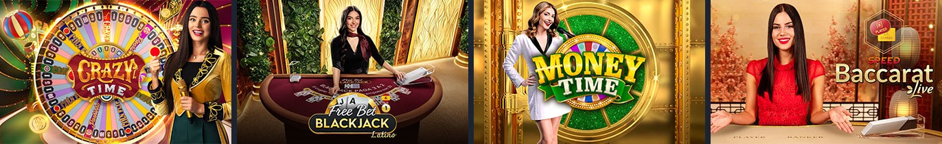 Captura de pantalla original de Apuesta Viva de cuatro mesas de casino en vivo populares en el catálogo de Betcris: Crazy Time, Free Bet Blackjack, Money Time y Speed Baccarat