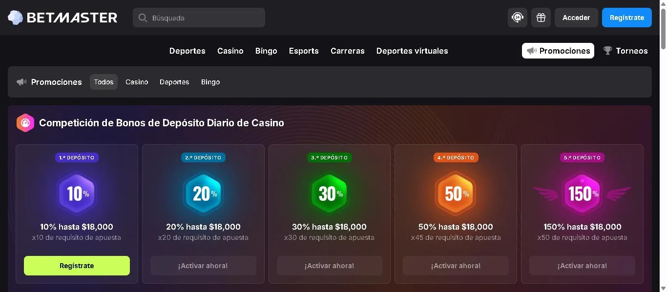 Bonos de bienvenida y promociones publicados en el sitio oficial de Betmaster