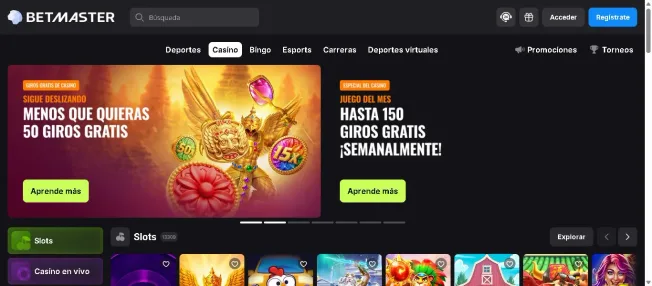 Captura de pantalla original de Apuesta Viva de la página de casino de Betmaster.com.mx mostrando la cuadrícula de tragamonedas disponible