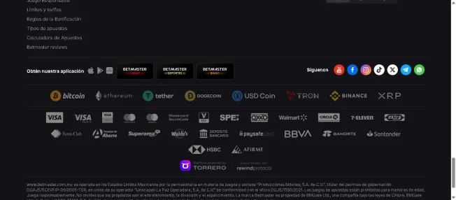 Captura de pantalla original de Apuesta Viva del pie de página de Betmaster.com.mx mostrando los logotipos de métodos de pago y criptomonedas aceptados