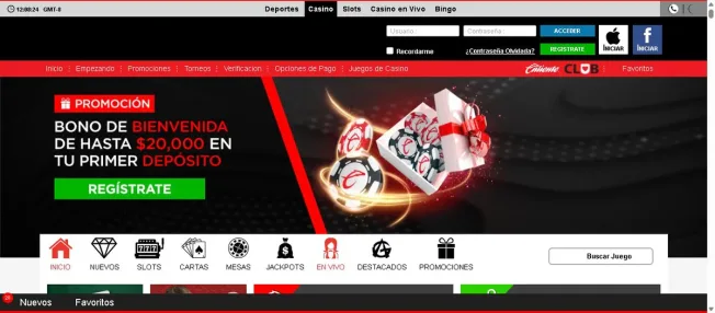 Captura de pantalla original de Apuesta Viva del menú de navegación de juegos de Caliente.mx con la pestaña En Vivo seleccionada