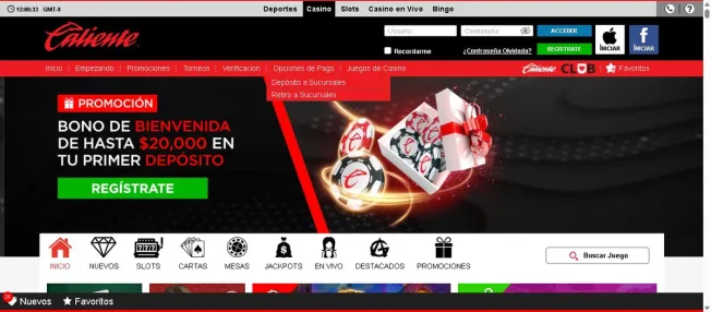 Captura de pantalla original de Apuesta Viva del menú Opciones de Pago de Caliente.mx