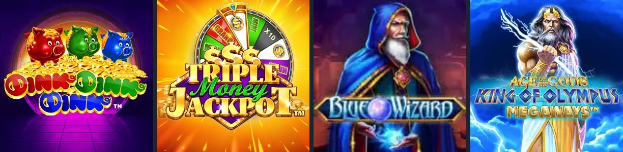 Captura de pantalla original de Apuesta Viva de cuatro tragamonedas populares en el catálogo de Codere: Oink Oink Oink, Triple Money Jackpot, Blue Wizard y Age of the Gods King of Olympus Megaways