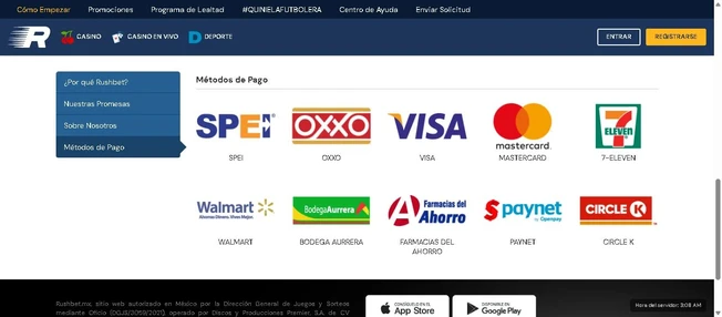 Captura de pantalla original de Apuesta Viva de la página de Métodos de Pago de RushBet.mx mostrando las opciones de depósito disponibles