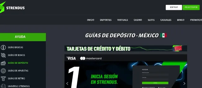 Captura de pantalla original de Apuesta Viva de la guía de depósito de Strendus.com.mx mostrando tarjetas de crédito y débito aceptadas