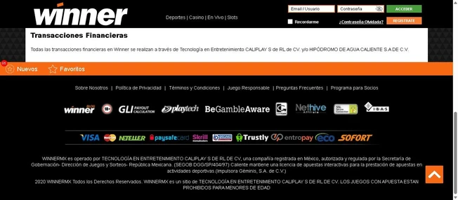 Captura de pantalla original de Apuesta Viva del pie de página de Winner.mx mostrando la información de licencia SEGOB y las entidades legales citadas