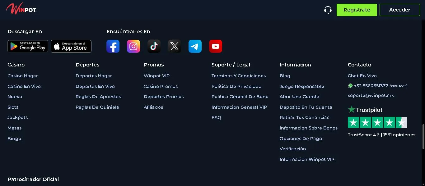 Captura de pantalla original de Apuesta Viva del pie de página de Winpot.mx mostrando los enlaces de descarga en Google Play y App Store