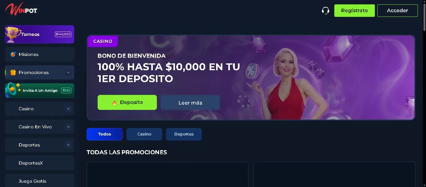 Captura de pantalla original de Apuesta Viva de la página principal de Winpot.mx con la categoría Casino En Vivo visible en el menú lateral
