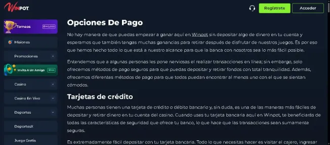 Captura de pantalla original de Apuesta Viva de la página de Opciones de Pago de Winpot.mx