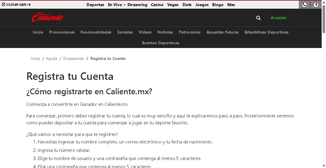 Captura de la página oficial de ayuda de Caliente.mx mostrando los pasos para registrar una cuenta
