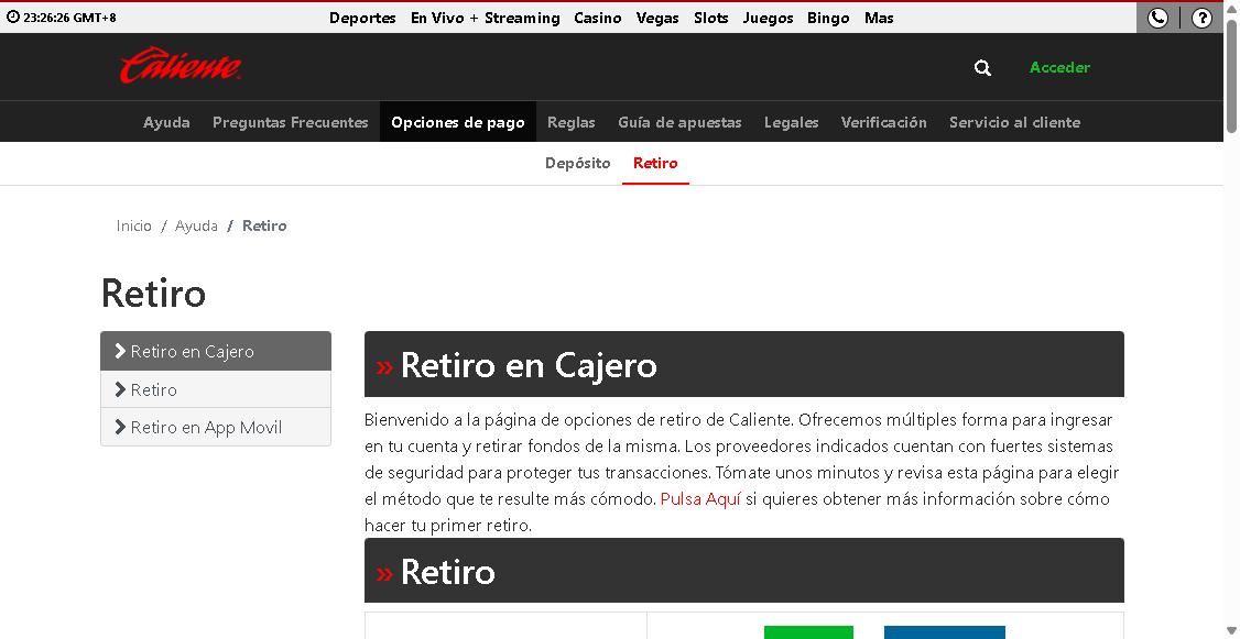 Captura de la página oficial de ayuda de Caliente.mx sobre cómo retirar ganancias