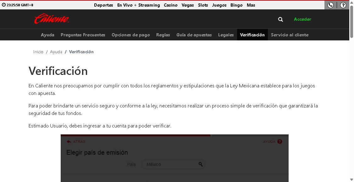 Captura de la página oficial de ayuda de Caliente.mx sobre el proceso de verificación de cuenta
