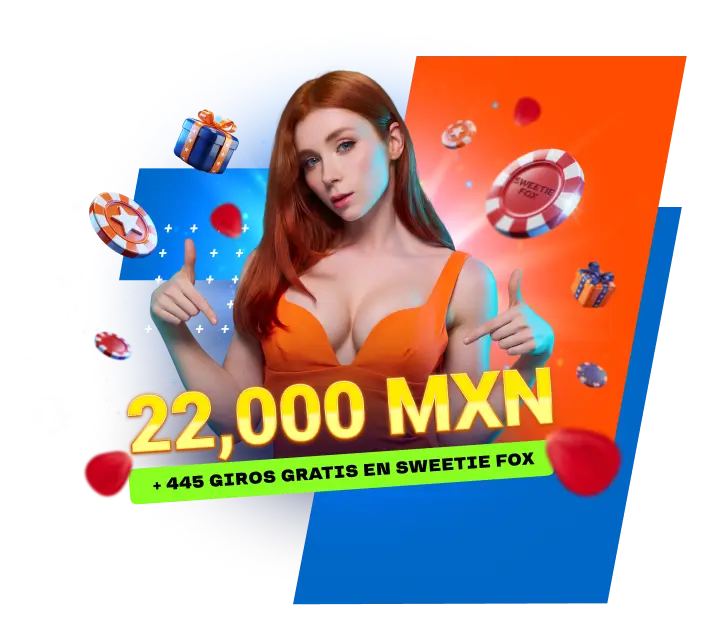 Banner del bono de bienvenida de Mostbet México: 22,000 MXN + 445 giros gratis