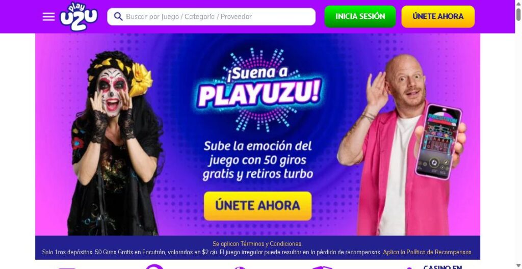 Captura de la página principal de playuzu.mx
